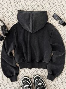 SHEIN 青少年女孩拉鍊時尚百搭日常穿著連帽雪花圖案運動衫 - 灰色 - 查看 2