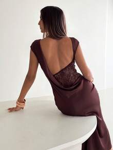 Aloruh Women's Sexy Backless Lace Satin Patchwork Dress, Summer/ Wedding Dinner Brown,Festival,Prom - Brown - View 4