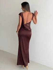 Aloruh Women's Sexy Backless Lace Satin Patchwork Dress, Summer/ Wedding Dinner Brown,Festival,Prom - Brown - View 10