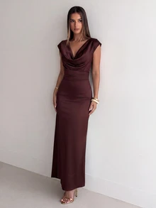 Aloruh Women's Sexy Backless Lace Satin Patchwork Dress, Summer/ Wedding Dinner Brown,Festival,Prom - Brown - View 6