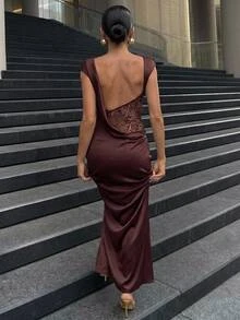 Aloruh Women's Sexy Backless Lace Satin Patchwork Dress, Summer/ Wedding Dinner Brown,Festival,Prom - Brown - View 2