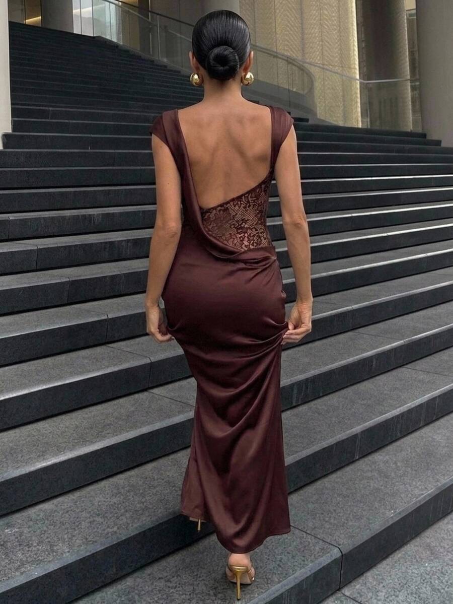 Aloruh Women's Sexy Backless Lace Satin Patchwork Dress, Summer/ Wedding Dinner Brown,Festival,Prom