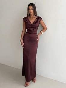 Aloruh Women's Sexy Backless Lace Satin Patchwork Dress, Summer/ Wedding Dinner Brown,Festival,Prom - Brown - View 5