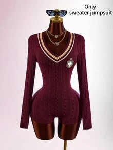 SHEIN ICON Women's Preppy V-Neck Cinched Waist Ultra Short Mini Romper - Burgundy - View 9