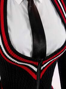 SHEIN ICON Women's Deep V-Neck Cardigan Knit Contrast Color Back To School Autumn/Winter Knitwear - Black - View 7