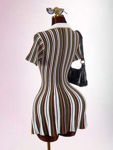 SHEIN ICON Colorblock Multicolor Stripes Polo Collar Cinched Waist A-Line Knit Mini Dress Brunch Autumn Elegant Classy - Multicolor - View 2