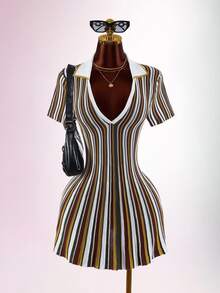 SHEIN ICON Colorblock Multicolor Stripes Polo Collar Cinched Waist A-Line Knit Mini Dress Brunch Autumn Elegant Classy - Multicolor - View 3