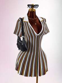 SHEIN ICON Colorblock Multicolor Stripes Polo Collar Cinched Waist A-Line Knit Mini Dress Brunch Autumn Elegant Classy - Multicolor - View 5