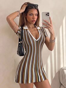 SHEIN ICON Colorblock Multicolor Stripes Polo Collar Cinched Waist A-Line Knit Mini Dress Brunch Autumn Elegant Classy - Multicolor - View 1