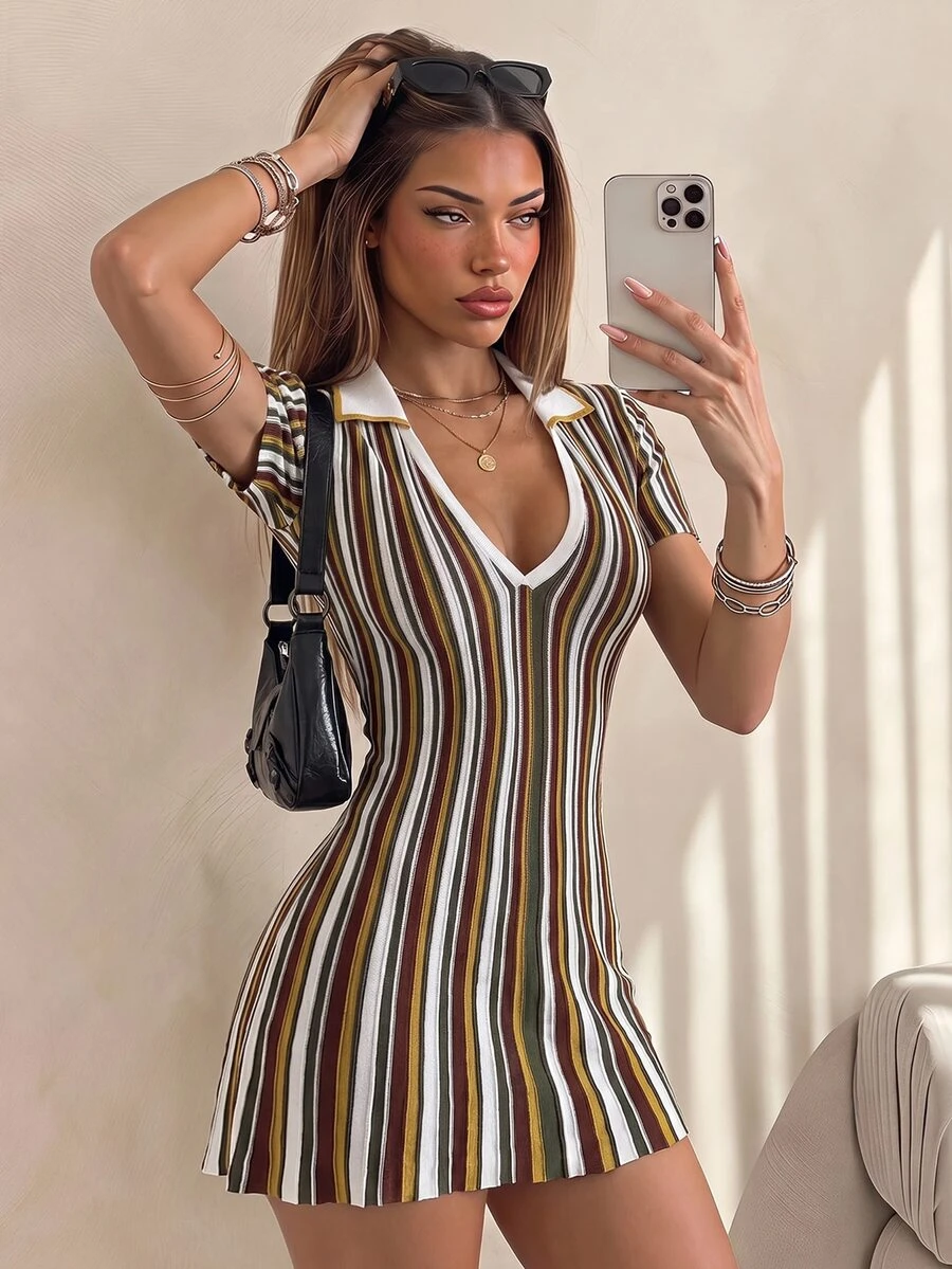 SHEIN ICON Colorblock Multicolor Stripes Polo Collar Cinched Waist A-Line Knit Mini Dress Brunch Autumn Elegant Classy - Multicolor - View 1