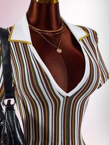 SHEIN ICON Colorblock Multicolor Stripes Polo Collar Cinched Waist A-Line Knit Mini Dress Brunch Autumn Elegant Classy - Multicolor - View 6