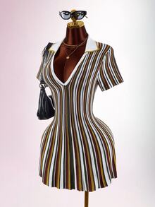 SHEIN ICON Colorblock Multicolor Stripes Polo Collar Cinched Waist A-Line Knit Mini Dress Brunch Autumn Elegant Classy - Multicolor - View 4