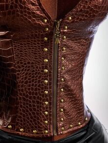 SHEIN ICON Low-Cut Riveted Crocodile Embossed PU Sleeveless Jacket Club Night Brown Autumn Sexy Rave - Burgundy - View 7