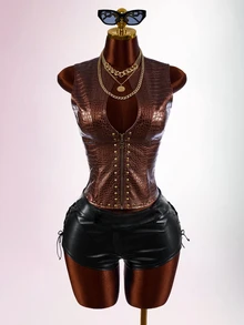 SHEIN ICON Low-Cut Riveted Crocodile Embossed PU Sleeveless Jacket Club Night Brown Autumn Sexy Rave - Burgundy - View 8