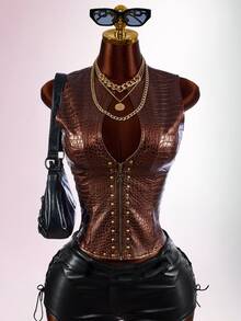 SHEIN ICON Low-Cut Riveted Crocodile Embossed PU Sleeveless Jacket Club Night Brown Autumn Sexy Rave - Burgundy - View 12