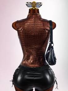 SHEIN ICON Low-Cut Riveted Crocodile Embossed PU Sleeveless Jacket Club Night Brown Autumn Sexy Rave - Burgundy - View 2