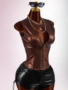 SHEIN ICON Low-Cut Riveted Crocodile Embossed PU Sleeveless Jacket Club Night Brown Autumn Sexy Rave - Burgundy - View 6