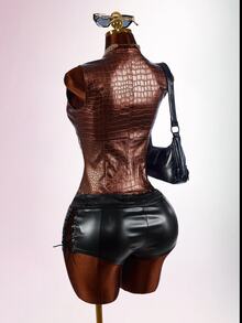 SHEIN ICON Low-Cut Riveted Crocodile Embossed PU Sleeveless Jacket Club Night Brown Autumn Sexy Rave - Burgundy - View 11