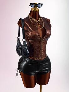 SHEIN ICON Low-Cut Riveted Crocodile Embossed PU Sleeveless Jacket Club Night Brown Autumn Sexy Rave - Burgundy - View 5