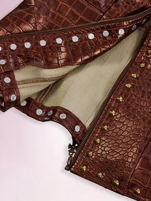 SHEIN ICON Low-Cut Riveted Crocodile Embossed PU Sleeveless Jacket Club Night Brown Autumn Sexy Rave - Burgundy - View 13