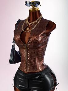 SHEIN ICON Low-Cut Riveted Crocodile Embossed PU Sleeveless Jacket Club Night Brown Autumn Sexy Rave - Burgundy - View 9