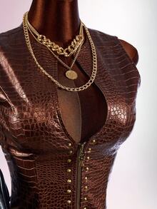 SHEIN ICON Low-Cut Riveted Crocodile Embossed PU Sleeveless Jacket Club Night Brown Autumn Sexy Rave - Burgundy - View 3