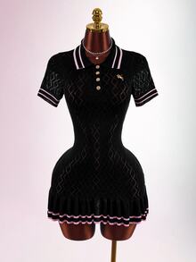 SHEIN ICON 女款針織性感前衛返校風領口蕾絲下擺短袖洋裝 - 黑色 - 查看 3