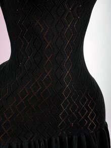 SHEIN ICON 女款針織性感前衛返校風領口蕾絲下擺短袖洋裝 - 黑色 - 查看 7
