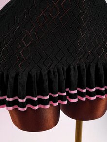 SHEIN ICON 女款針織性感前衛返校風領口蕾絲下擺短袖洋裝 - 黑色 - 查看 8