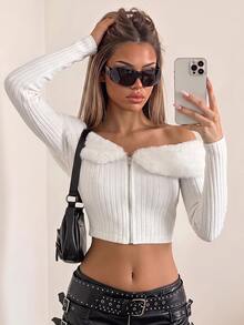 SHEIN ICON 秋冬露肩毛绒短款粉色夹克 - 白色 - 查看 1