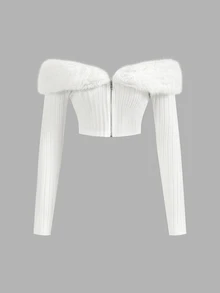 SHEIN ICON 秋冬露肩毛绒短款粉色夹克 - 白色 - 查看 3