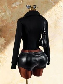SHEIN ICON Women's Patchwork Lapel Sexy Waist-Cinching Jacket, Early Autumn Style, Sexy Long Sleeve Patchwork - Black - View 2