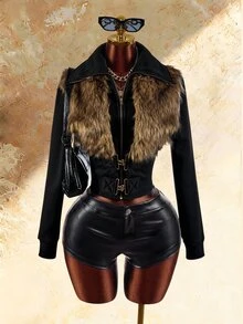 SHEIN ICON Women's Patchwork Lapel Sexy Waist-Cinching Jacket, Early Autumn Style, Sexy Long Sleeve Patchwork - Black - View 10