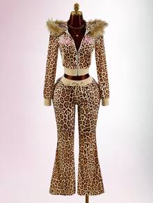SHEIN ICON Women's Leopard Print Striped Front Zipper Sweatshirt - Brown - View 6
