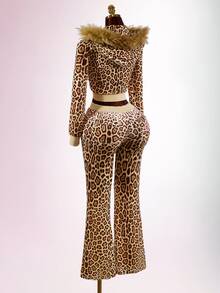 SHEIN ICON Women's Leopard Print Striped Front Zipper Sweatshirt - Brown - View 15