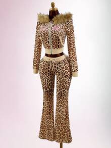 SHEIN ICON Women's Leopard Print Striped Front Zipper Sweatshirt - Brown - View 14
