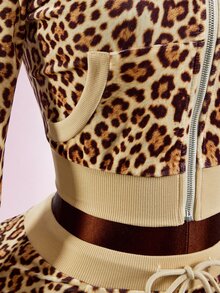 SHEIN ICON Women's Leopard Print Striped Front Zipper Sweatshirt - Brown - View 11