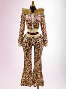 SHEIN ICON Women's Leopard Print Striped Front Zipper Sweatshirt - Brown - View 13