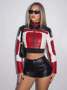 SHEIN ICON 機車風對比印花 PU 人造皮革腰扣高領性感街頭龐克超短版長袖拉鍊女款夾克 - 黑色 - 查看 1