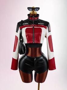 SHEIN ICON 機車風對比印花 PU 人造皮革腰扣高領性感街頭龐克超短版長袖拉鍊女款夾克 - 黑色 - 查看 14