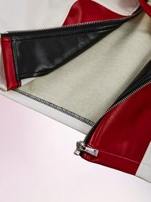 SHEIN ICON 機車風對比印花 PU 人造皮革腰扣高領性感街頭龐克超短版長袖拉鍊女款夾克 - 黑色 - 查看 15