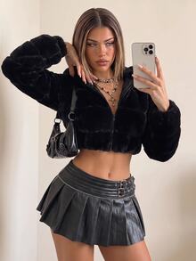 SHEIN ICON 女式纯色长袖拉链连帽人造毛皮饰边短款夹克，冬季 - 黑色 - 查看 1