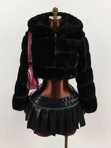 SHEIN ICON 女式纯色长袖拉链连帽人造毛皮饰边短款夹克，冬季 - 黑色 - 查看 3