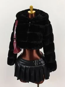 SHEIN ICON 女式纯色长袖拉链连帽人造毛皮饰边短款夹克，冬季 - 黑色 - 查看 5