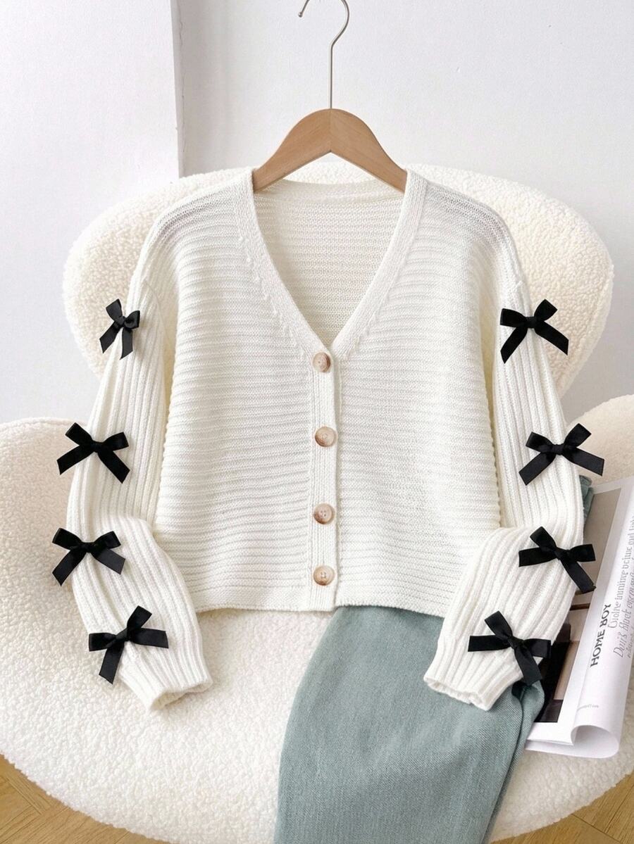 SHEIN Tween Girls Beige Bowknot Long Sleeve Cardigan Sweater, Suitable For Autumn And Winter, Pair With Padded Coat