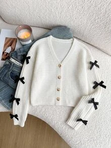 SHEIN Tween Girls Beige Bowknot Long Sleeve Cardigan Sweater, Suitable For Autumn And Winter, Pair With Padded Coat - Beige - View 14