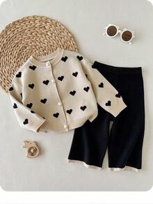 SHEIN Babygirl Cute Autumn/Winter Casual Versatile Khaki Heart Pattern Long Sleeve Sweater - Khaki - View 1