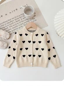 SHEIN Babygirl Cute Autumn/Winter Casual Versatile Khaki Heart Pattern Long Sleeve Sweater - Khaki - View 5