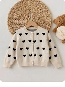 SHEIN Babygirl Cute Autumn/Winter Casual Versatile Khaki Heart Pattern Long Sleeve Sweater - Khaki - View 7
