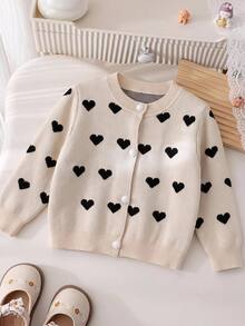 SHEIN Babygirl Cute Autumn/Winter Casual Versatile Khaki Heart Pattern Long Sleeve Sweater - Khaki - View 6